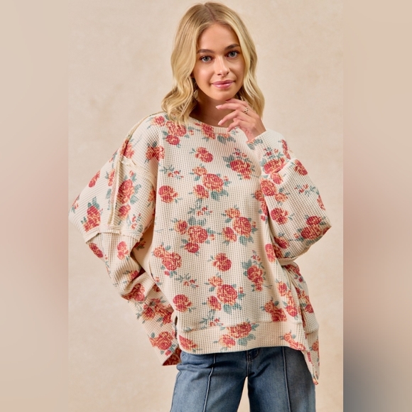 BiBi Tops - BiBi Floral Print Oversized Waffle Thermal Sweatshirt